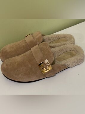 Tory Burch Tan Mellow Faux Shearling Lined Mule Suede size 10 H21N2